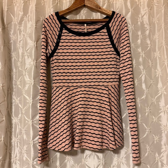 Free People Pink Black Wavy Stripe Pointelle Peplum Top - Picture 10 of 10